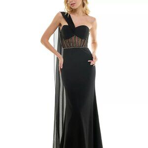City Studio Juniors Illusion-Bodice Gown With Flyaway Cape Black Size 15/16